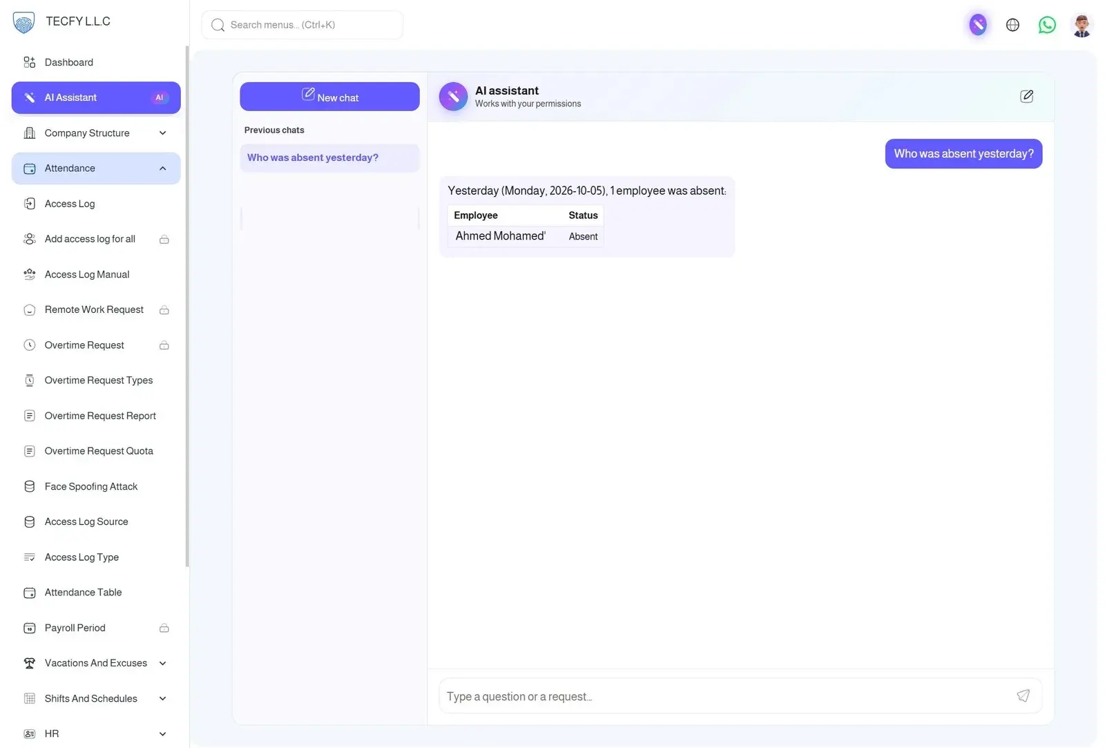 Tecfy AI assistant in the HR admin panel answering "Who was absent yesterday?" with a table