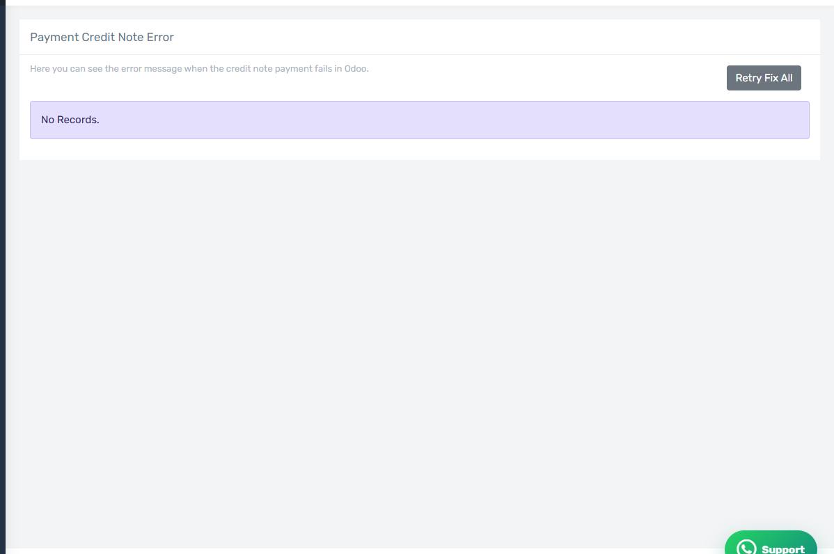 The Payment Credit Note Error screen