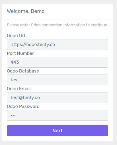 Enter the sign-in details for your own Odoo database